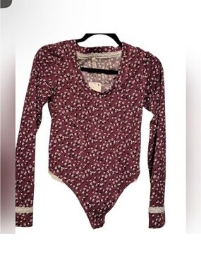 Free People Sugar Dreams Lace Trim Bodysuit in Wine Combo